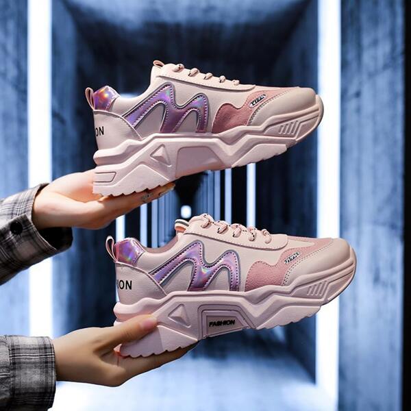 

Colorblock Textured Lace-up Front Sneakers, Pink