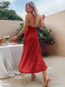 Simplee Ruffle Trim Split Thigh Backless Cami Bridesmaid Dress - Red - View 2