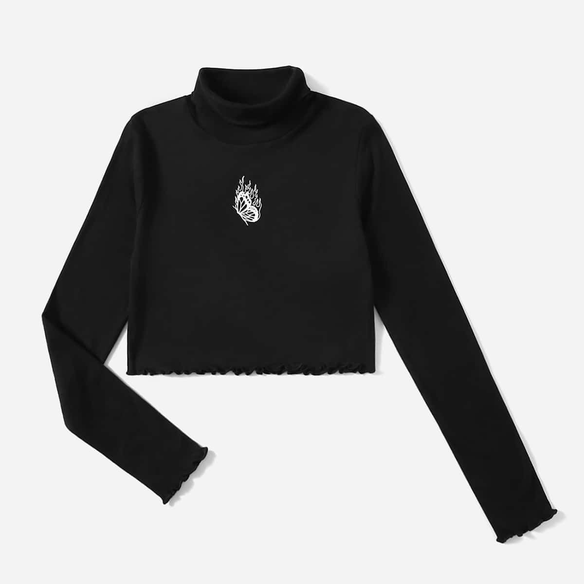 

Butterfly Graphic Lettuce Trim Crop Tee, Black