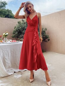 Simplee Ruffle Trim Split Thigh Backless Cami Bridesmaid Dress - Red - View 4