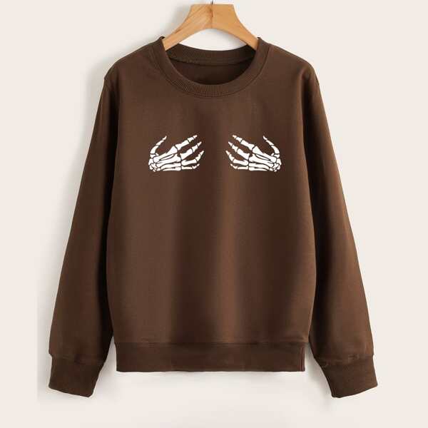

Skull Print Crew Neck Sweatshirt, Coffee brown