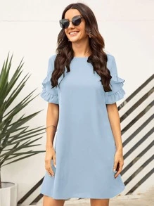 SHEIN LUNE Solid Ruffle Trimed Tunic Dress - Baby Blue - View 1