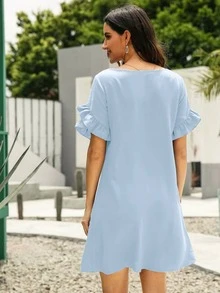 SHEIN LUNE Solid Ruffle Trimed Tunic Dress - Baby Blue - View 2