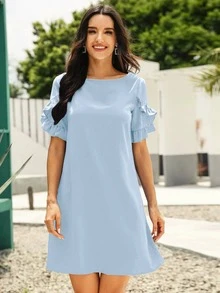 SHEIN LUNE Solid Ruffle Trimed Tunic Dress - Baby Blue - View 3