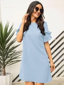 SHEIN LUNE Solid Ruffle Trimed Tunic Dress - Baby Blue - View 4
