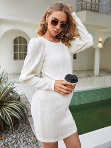SHEIN Maternity Gigot Sleeve Textured Bodycon Dress - White - View 4