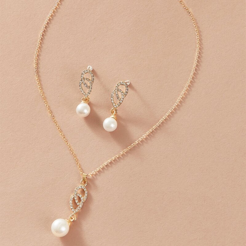 

Faux Pearl & Rhinestone Decor Necklace & Earrings, Gold