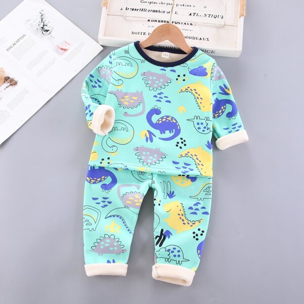 

Toddler Boys Dinosaur Print Thermal Top & Pants, Mint green