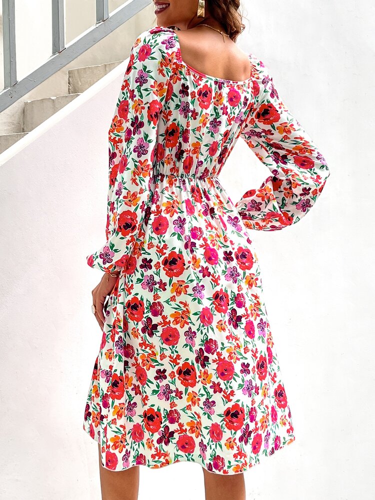 滿版印花燈籠袖露背開叉荷葉邊連衣裙 - 彩色 - 查看 2