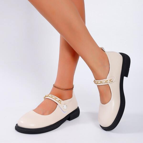 

Chain & Faux Pearl Decor Mary Janes, Beige