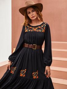 Rusttydustty Floral Embroidery Lantern Sleeve Ruffle Hem Dress - Black - View 4