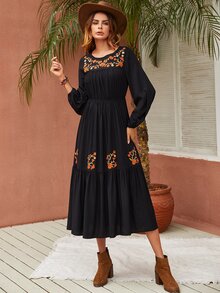 Rusttydustty Floral Embroidery Lantern Sleeve Ruffle Hem Dress - Black - View 5
