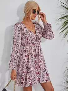 Floral & Geo Print Flounce Sleeve Tie Front Ruffle Trim Dress - Multicolor - View 1
