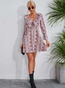Floral & Geo Print Flounce Sleeve Tie Front Ruffle Trim Dress - Multicolor - View 4