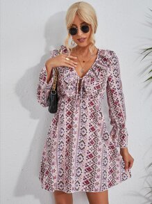 Floral & Geo Print Flounce Sleeve Tie Front Ruffle Trim Dress - Multicolor - View 5