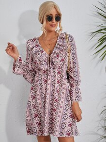 Floral & Geo Print Flounce Sleeve Tie Front Ruffle Trim Dress - Multicolor - View 6