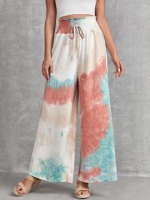 EMERY ROSE Tie Dye Shirred Waist Knot Front Wide Leg Pants - Multicolor - View 1