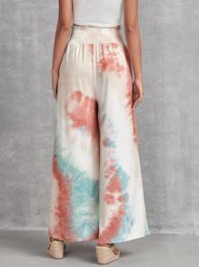 EMERY ROSE Tie Dye Shirred Waist Knot Front Wide Leg Pants - Multicolor - View 2