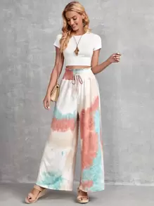EMERY ROSE Tie Dye Shirred Waist Knot Front Wide Leg Pants - Multicolor - View 3