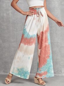 EMERY ROSE Tie Dye Shirred Waist Knot Front Wide Leg Pants - Multicolor - View 4
