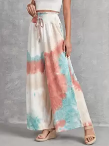 EMERY ROSE Tie Dye Shirred Waist Knot Front Wide Leg Pants - Multicolor - View 5