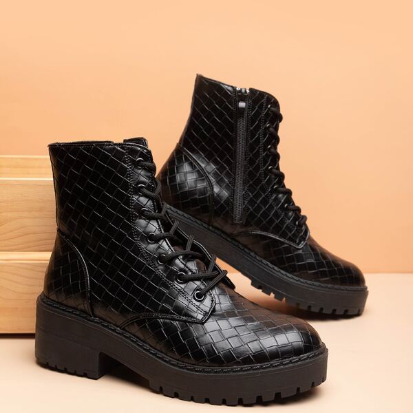 

Braided Detail Lace Up Front Boots, Black