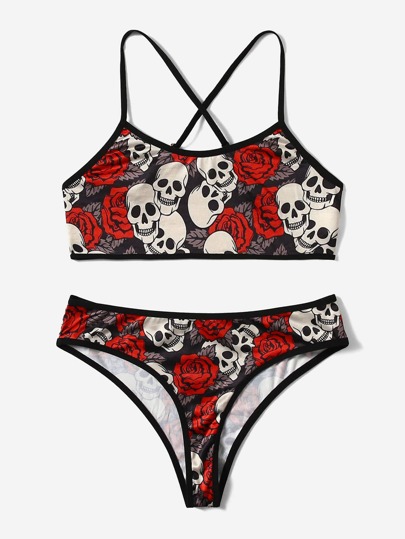 Conjunto de sujetador inalámbrico con estampado de calavera de estilo gótico oscuro