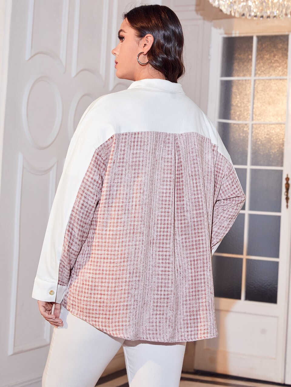 Plus Gingham Pattern Flap Detail Drop Shoulder Tweed Overcoat Fall Cloth For Women