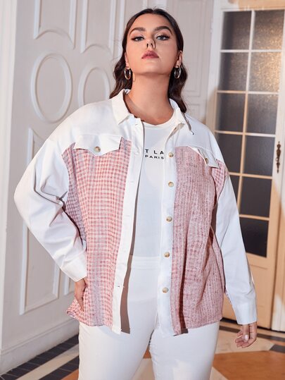 Mulvari Plus Gingham Pattern Flap Detail Drop Shoulder Tweed Overcoat Fall Cloth For Women