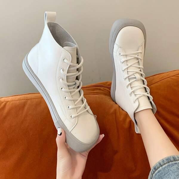 

Square Toe Lace-up Ankle Boots, White