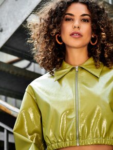 SHEIN 落肩袖拉鍊短款PU皮革夾克 - 青檸色 - 查看 3