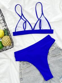 Swim Basics Summer Beach Solid High Waisted Bikini Blue Bikini Two Pieces Bikini - Royal Blue - View 2