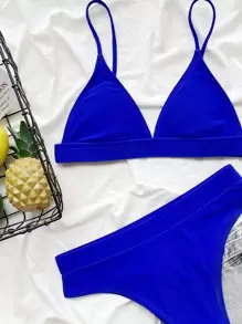 Swim Basics Summer Beach Solid High Waisted Bikini Blue Bikini Two Pieces Bikini - Royal Blue - View 3