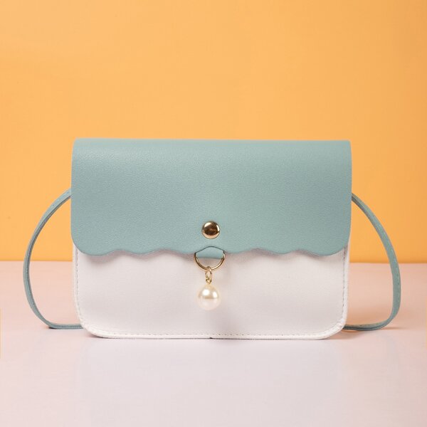 

Two Tone Scallop Trim Faux Pearl Decor Crossbody Bag, Blue and white