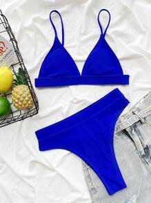 Swim Basics Summer Beach Solid High Waisted Bikini Blue Bikini Two Pieces Bikini - Royal Blue - View 4