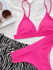 SHEIN Swim Summer Beach Plain High Waisted Bikini - Hot Pink - View 4