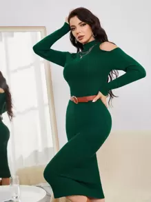 SHEIN فستان صوف بياقة مستدير مكشوف الاكتاف بدون حزام