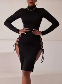 Slaydiva 開衩大腿側邊綁帶小高領緊身洋裝 - 黑色 - 查看 5