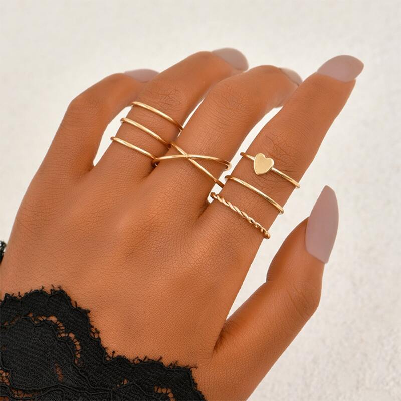 

7pcs Heart Decor Ring, Gold