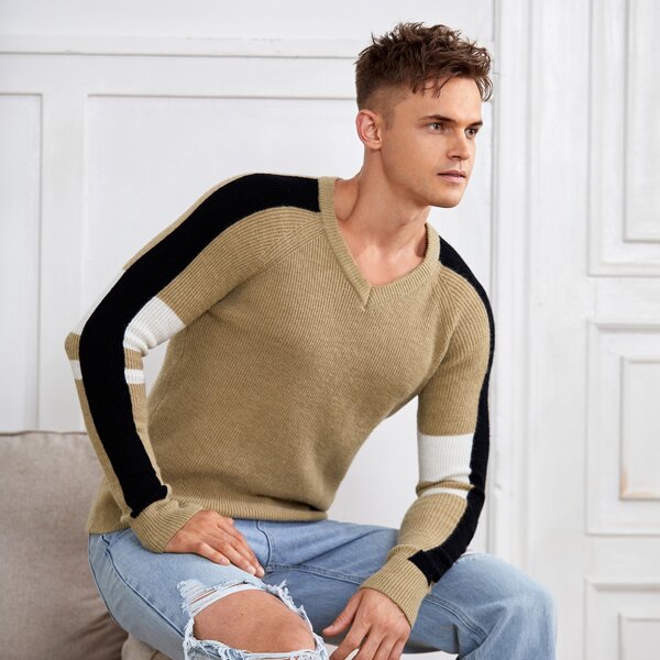 

Men Color Block Raglan Sleeve Sweater, Apricot