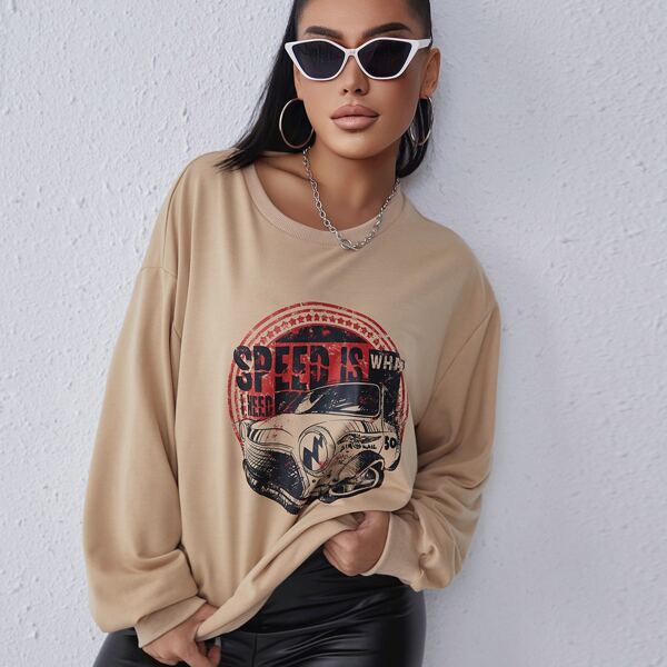 

Slogan and Car Print Lantern Sleeve Pullover, Khaki