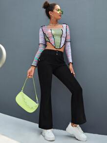 SHEIN Corduroy Flare Leg Trousers - Black - View 2