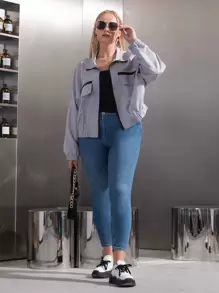 SHEIN EZwear Plus Flap Zip Detail Drop Shoulder Jacket - Dusty Purple - View 1