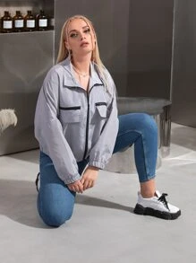 SHEIN EZwear Plus Flap Zip Detail Drop Shoulder Jacket - Dusty Purple - View 5