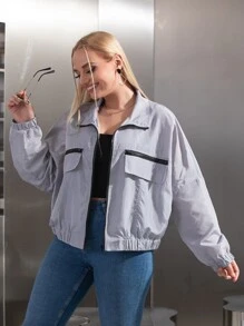 SHEIN EZwear Plus Flap Zip Detail Drop Shoulder Jacket - Dusty Purple - View 6