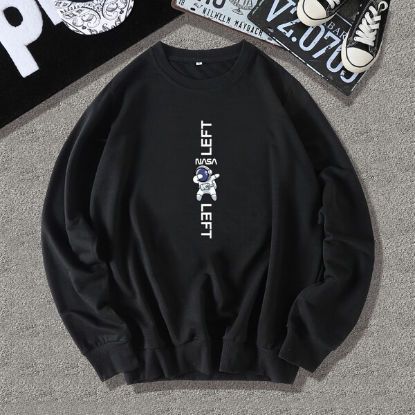 

Men Letter & Spaceman Print Pullover, Black