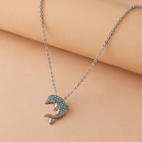 

Rhinestone Dolphin Charm Necklace, Blue