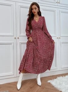 Breezaya All Over Print Flounce Sleeve Shirred Dress - Red - View 1