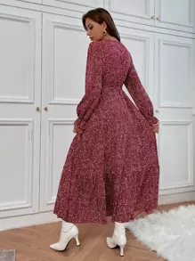 Breezaya All Over Print Flounce Sleeve Shirred Dress - Red - View 2