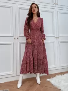 Breezaya All Over Print Flounce Sleeve Shirred Dress - Red - View 3